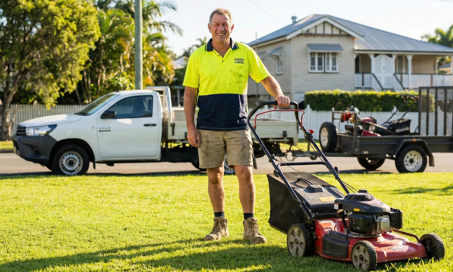 Lawn care professional standing on a freshly cut lawn beside a mower, service truck, and trailer outside a client's home