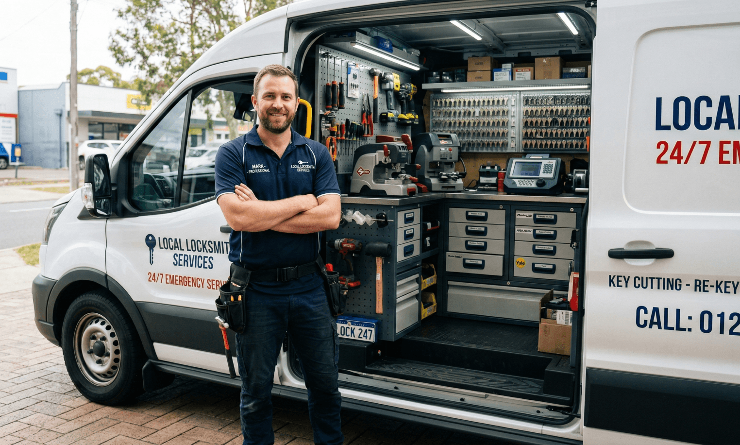 Locksmith standing in front of a work van