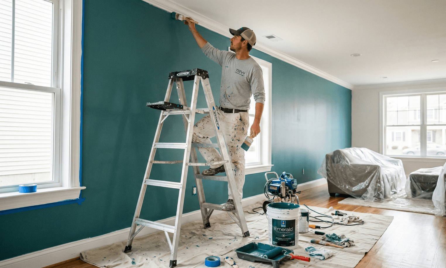 Painter applying paint to a wall