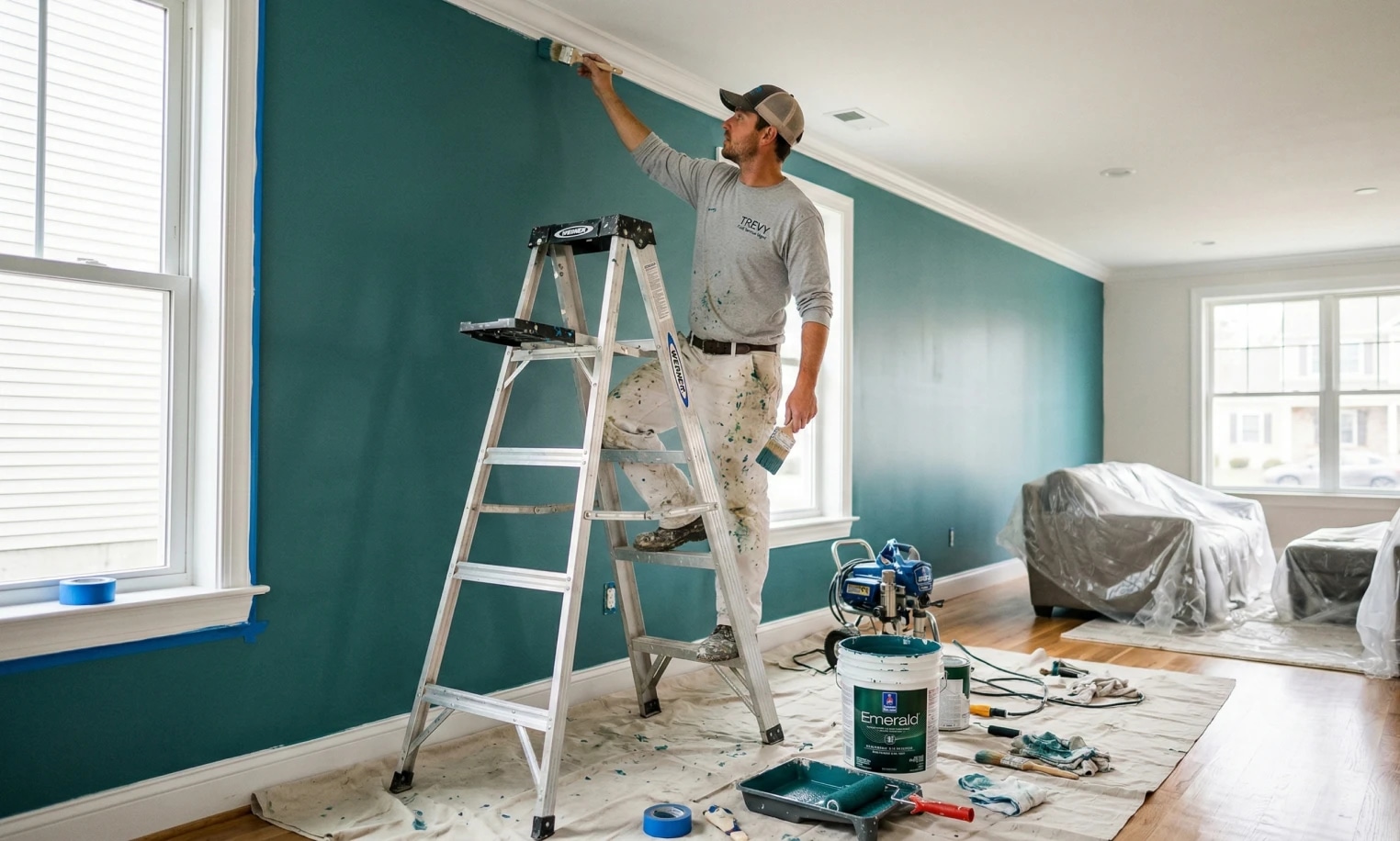 Painter on a step ladder cutting in teal paint along the top edge of a living room wall
