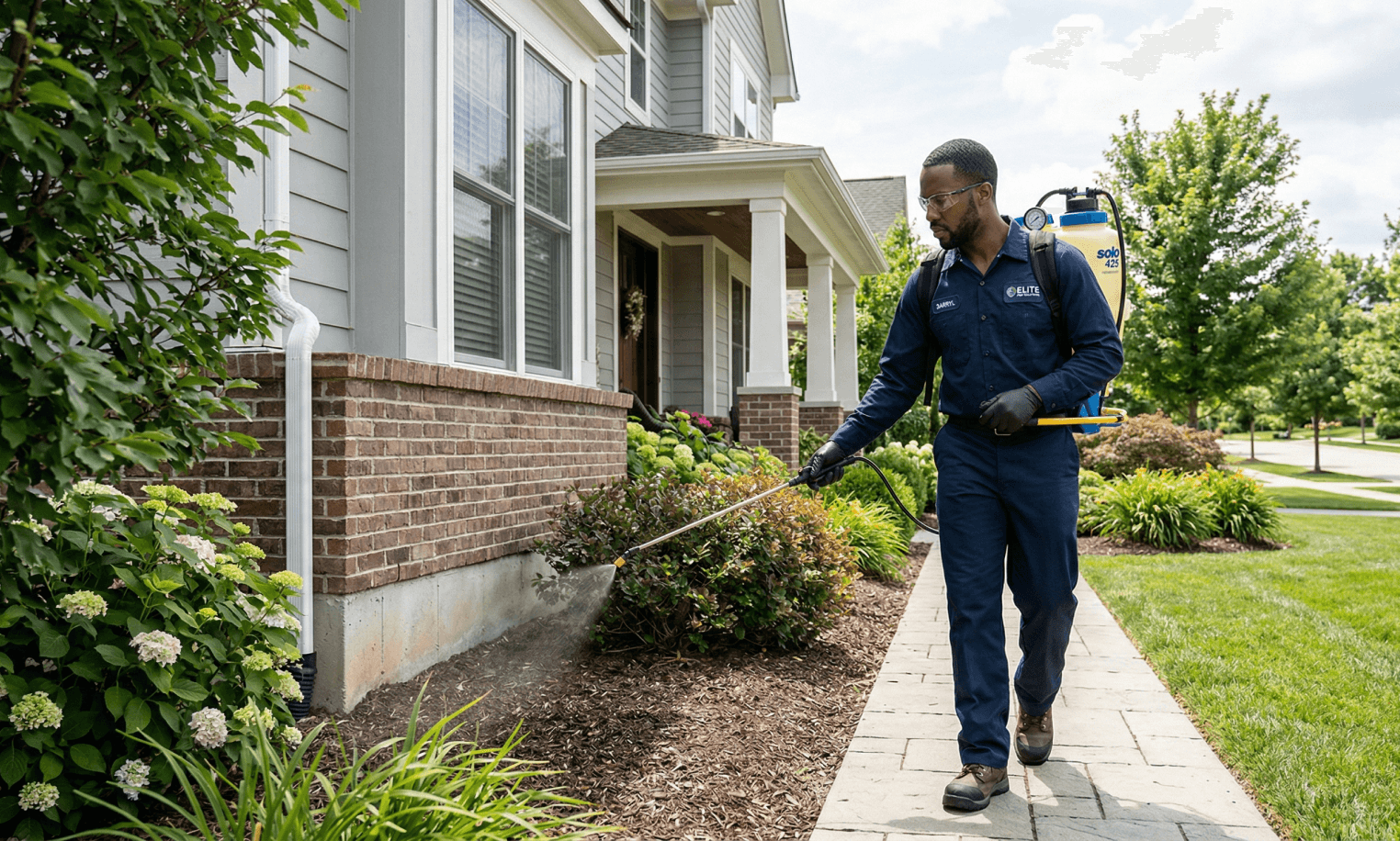 Pest control technician treating a property exterior