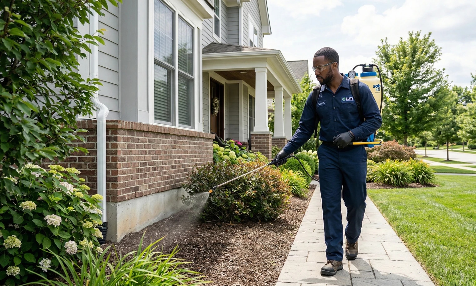 Pest control technician spraying the garden bed along the exterior of a residential property