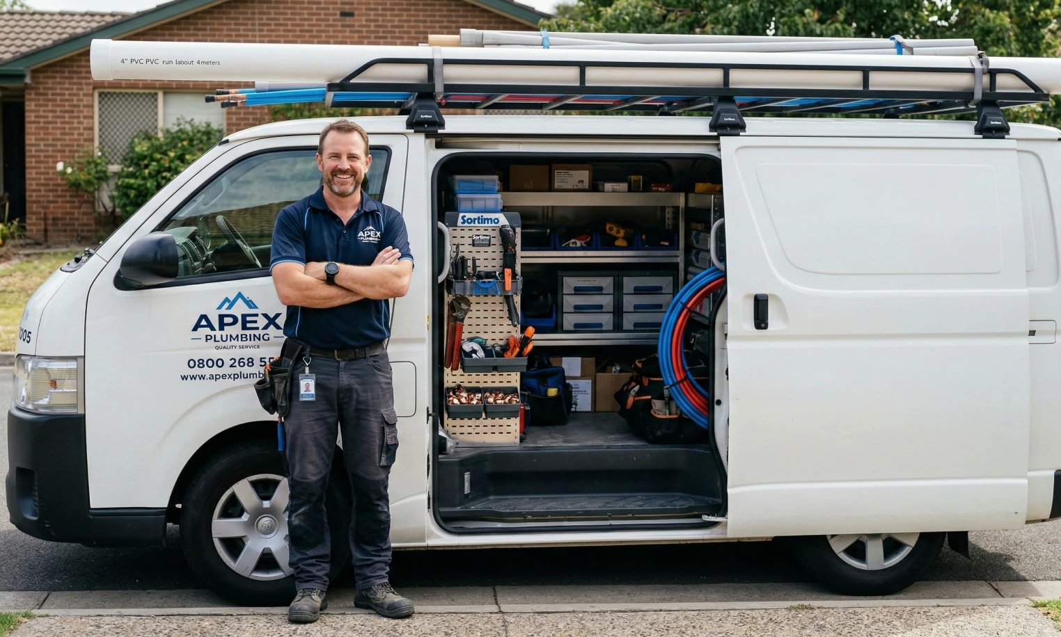 Plumber standing beside an open service van loaded with pipes, fittings, and tools