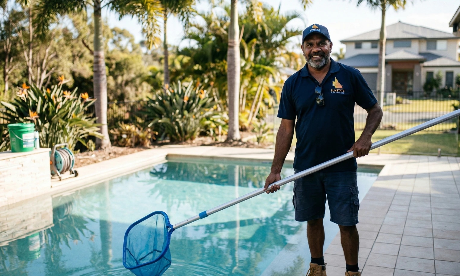 Pool service professional skimming leaves from a backyard swimming pool with a net