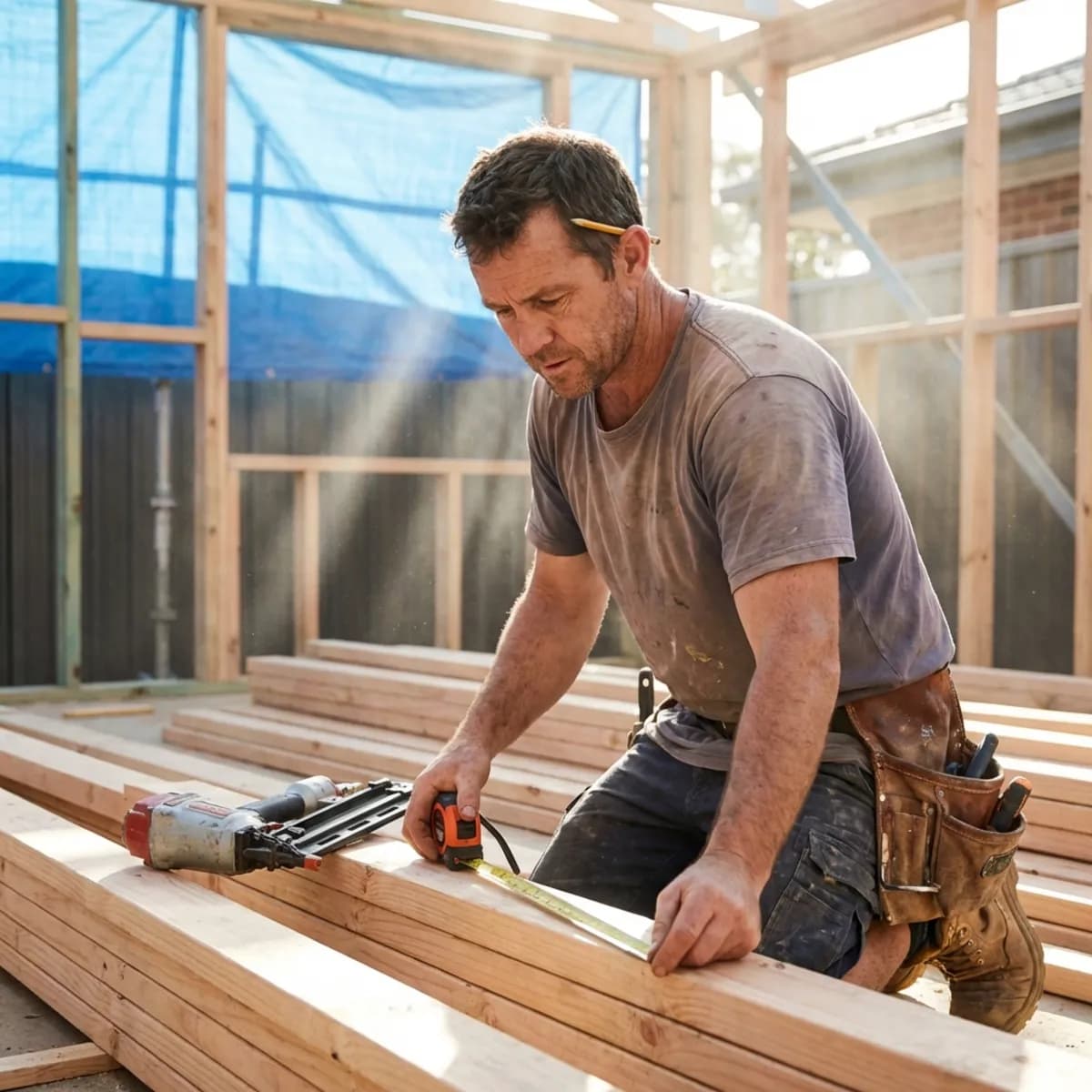 Professional carpenter framing a wall on a renovation site