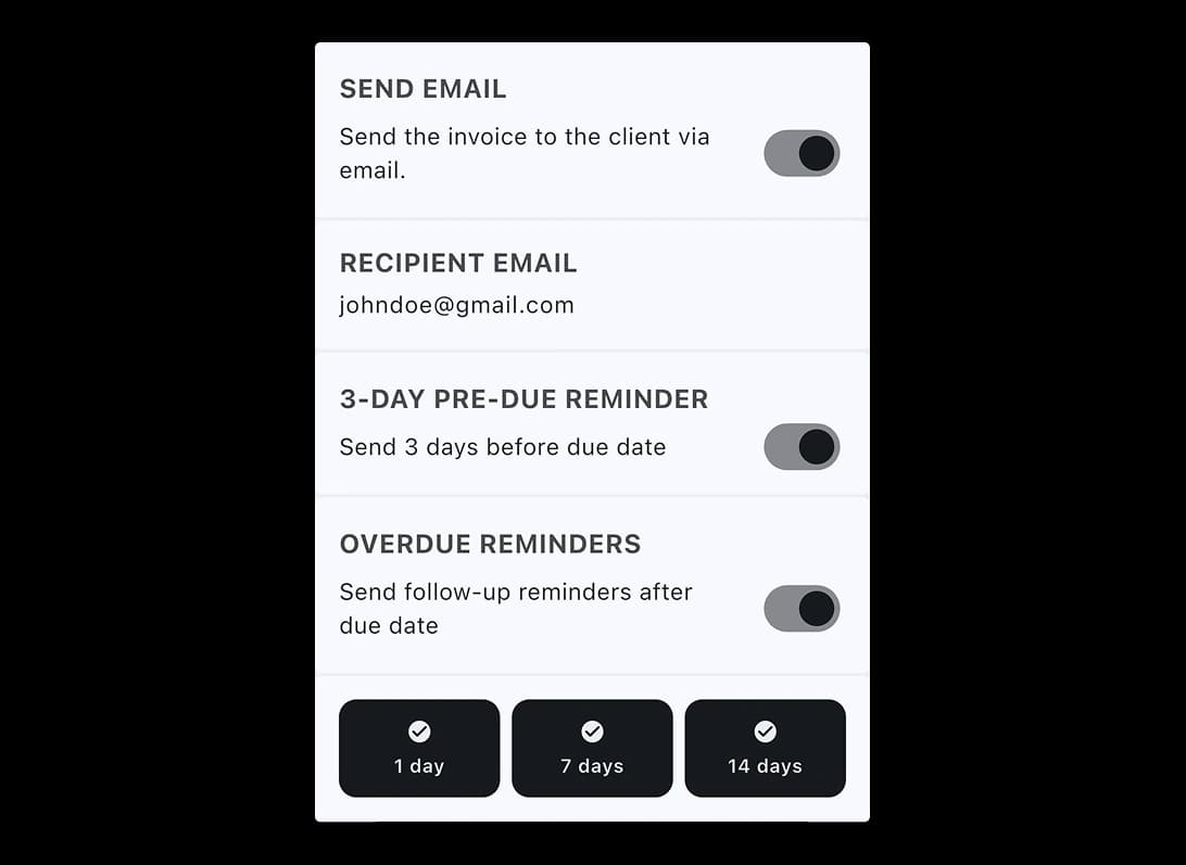 TREVY invoice email settings showing a 3-day pre-due reminder and overdue reminders scheduled for 1, 7 and 14 days after the due date