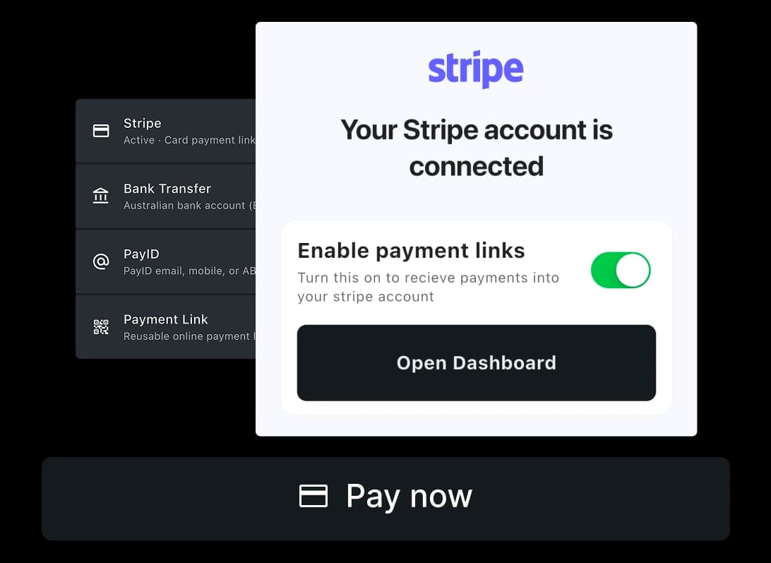 TREVY invoice payment options showing Stripe, bank transfer, PayID and a custom payment link