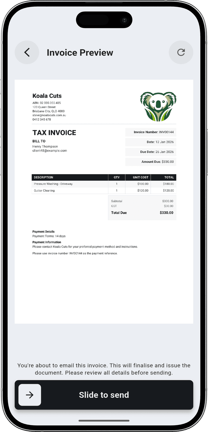 Send Instantly step - Emailing invoice to client