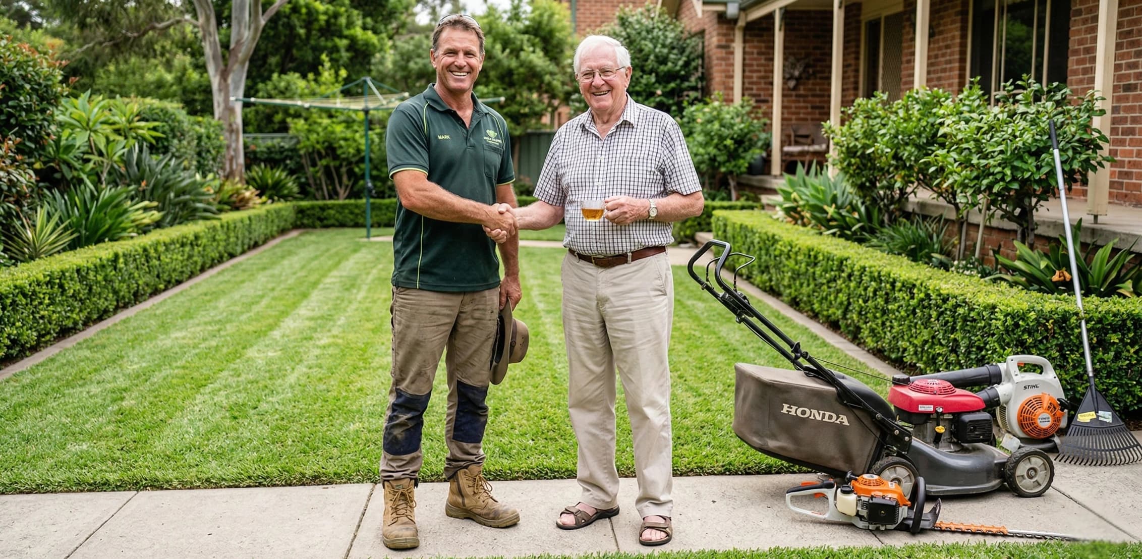 Lawn care professional shaking hands with a customer beside a lawn mower