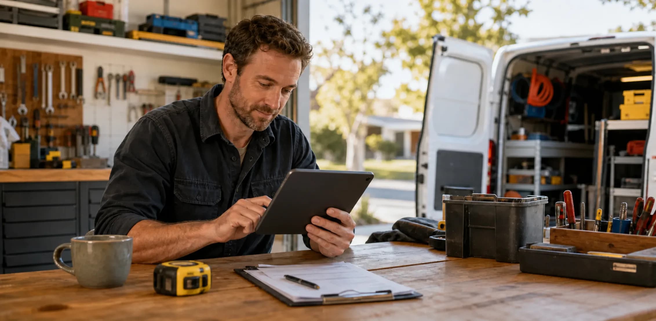 Service professional preparing a customer invoice after completing a job
