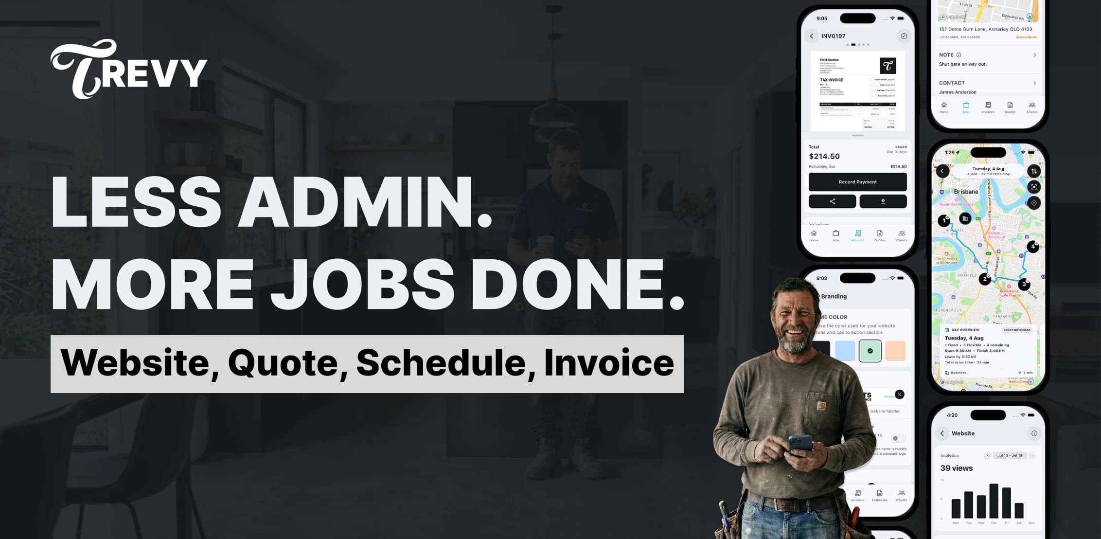 TREVY app screens showing field service tools for small service businesses