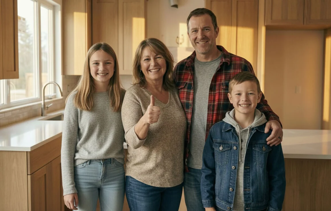 Happy family standing in their newly renovated kitchen, smiling as satisfied clients.