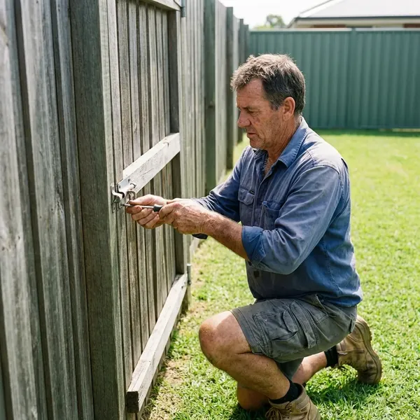 Handyman kneeling on grass getting straight to work fixing a client's backyard gate latch, after the client watched his arrival with the On My Way feature