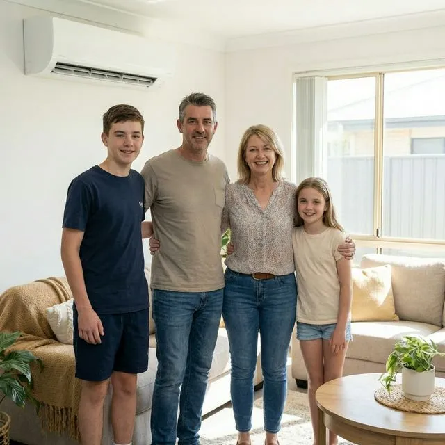 Happy family standing in their living room with a serviced air conditioner