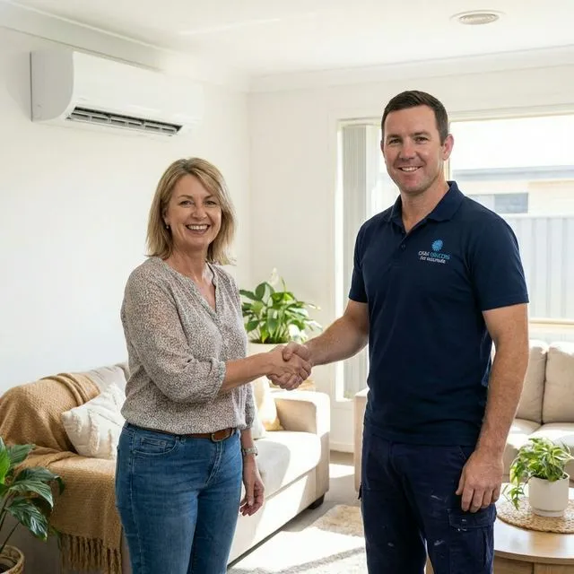HVAC technician shaking hands with a happy client after a job