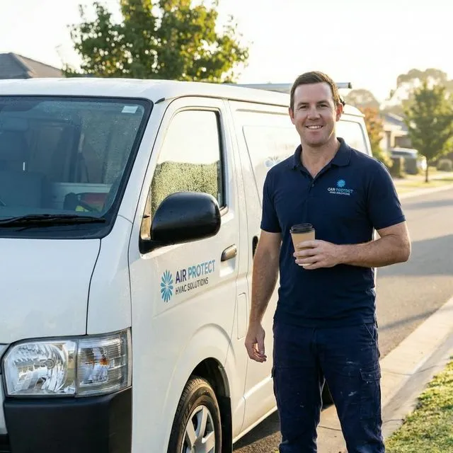 HVAC technician starting his day with a coffee near his work van