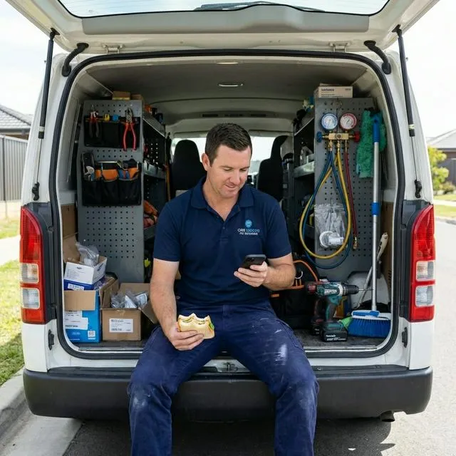 HVAC technician on lunch break in his van checking his schedule