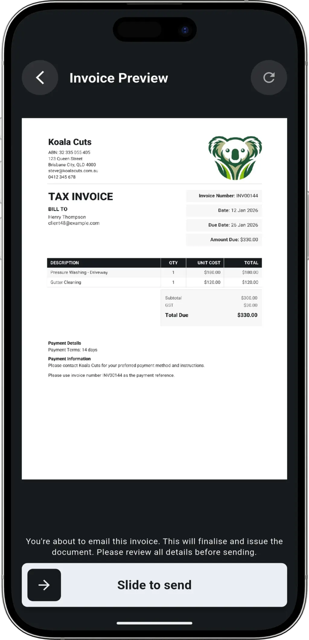 Fast Invoicing step - Sending invoice to client after plumbing repair
