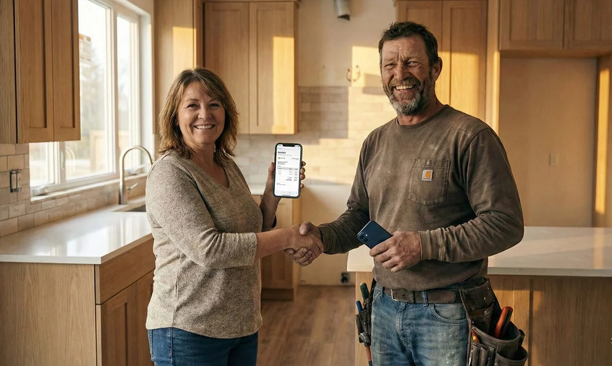 Professional tradesman shaking hands with a client while holding his phone, ready to create and send an invoice in seconds via the TREVY field service management app before heading to the next job.