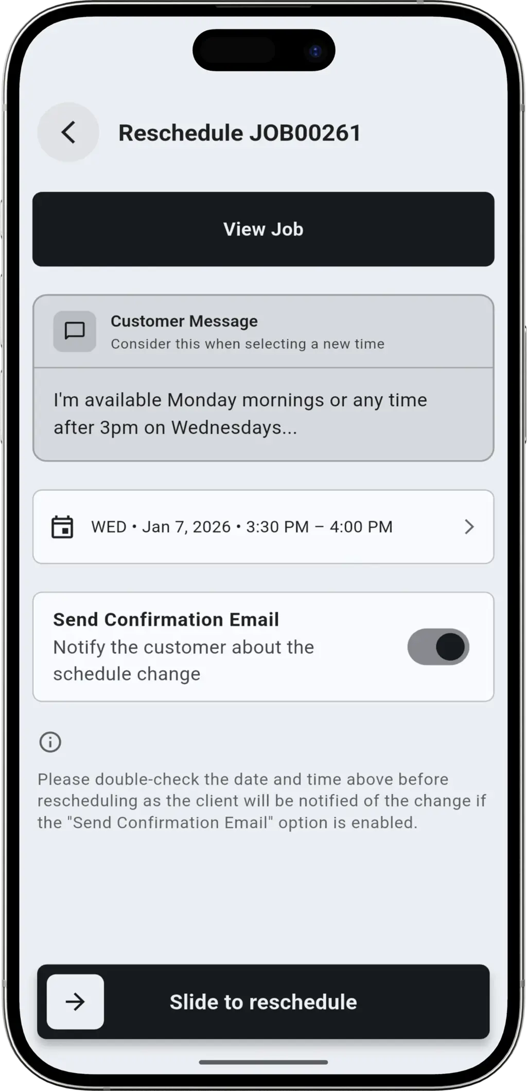 Contactless Reschedule step - Notification of client schedule change request