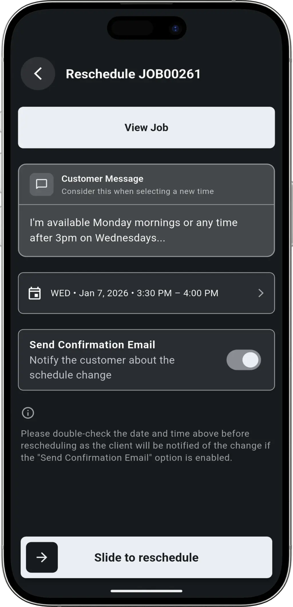 Contactless Reschedule step - Notification of client schedule change request