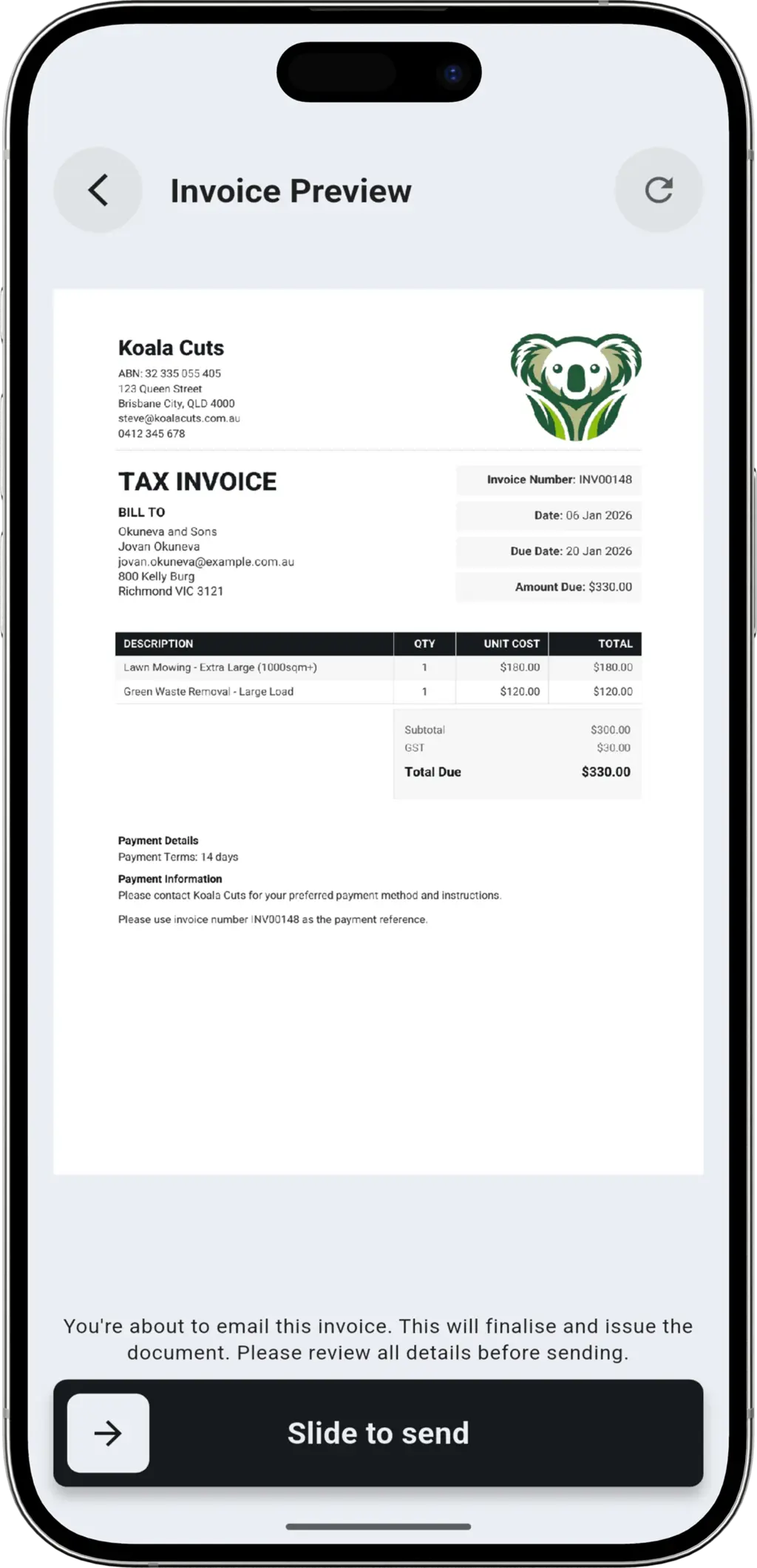 Invoicing & Completion step - Job finish screen with photos and invoice generation