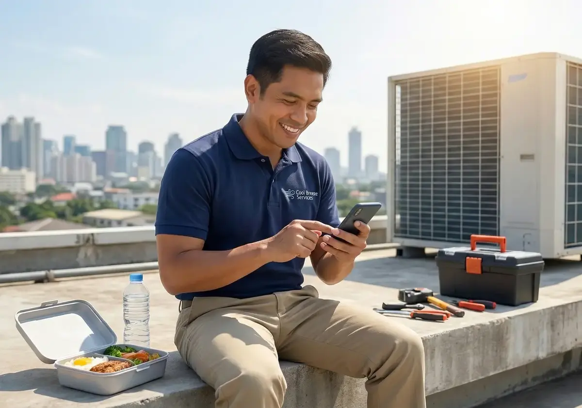 Professional tradesman sitting having lunch while using his phone to look through the rest of the day's job schedules on the TREVY app.