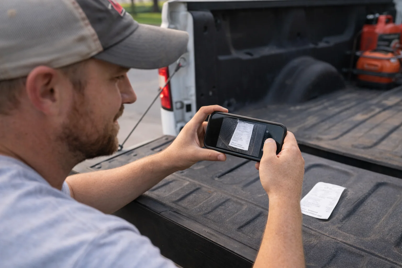 Smartphone displayed in a lawn care work van showing a dashboard for recording professional job expenses.