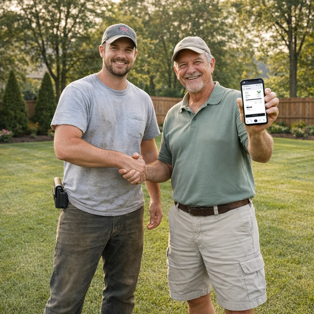 Happy female client shaking hands with a lawn care professional after receiving a professional invoice on her doorstep.