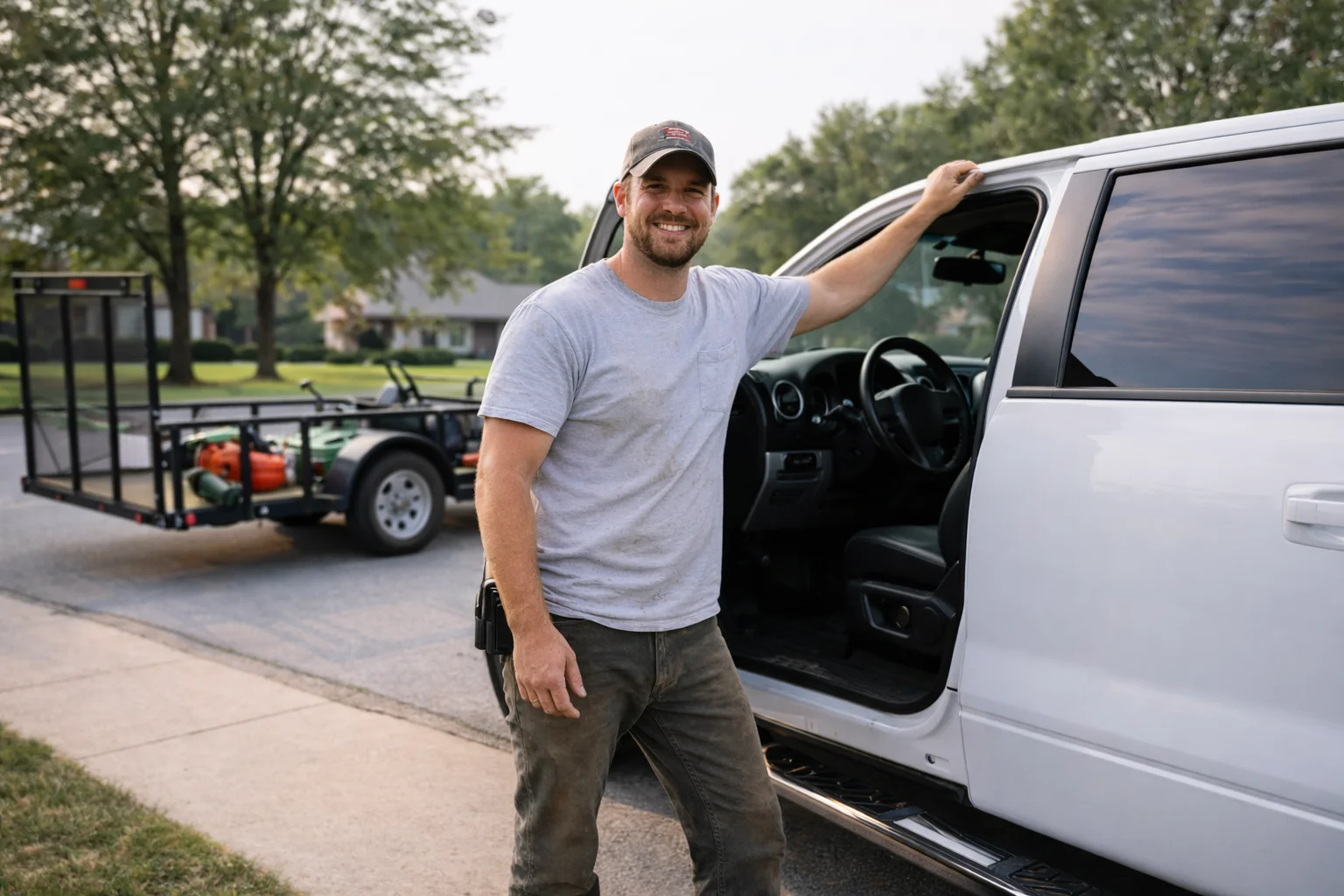 Smartphone displayed in a lawn care work van showing the live tracking link sent to the next client.