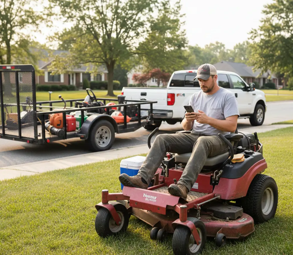 Male gardener on lunch break sitting on a lawn mower and checking his job schedule on his phone.