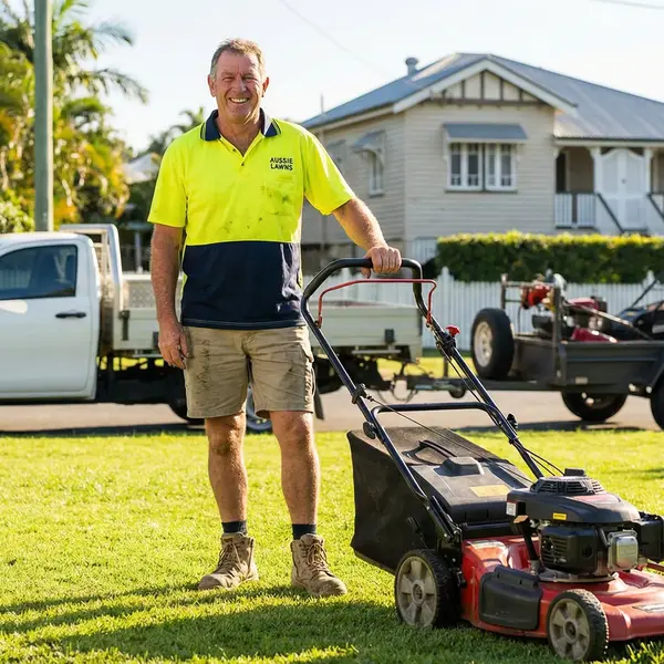 Confident lawn care professional standing on a stunning client lawn with arms crossed and a smile, visiting one of his recurring job clients