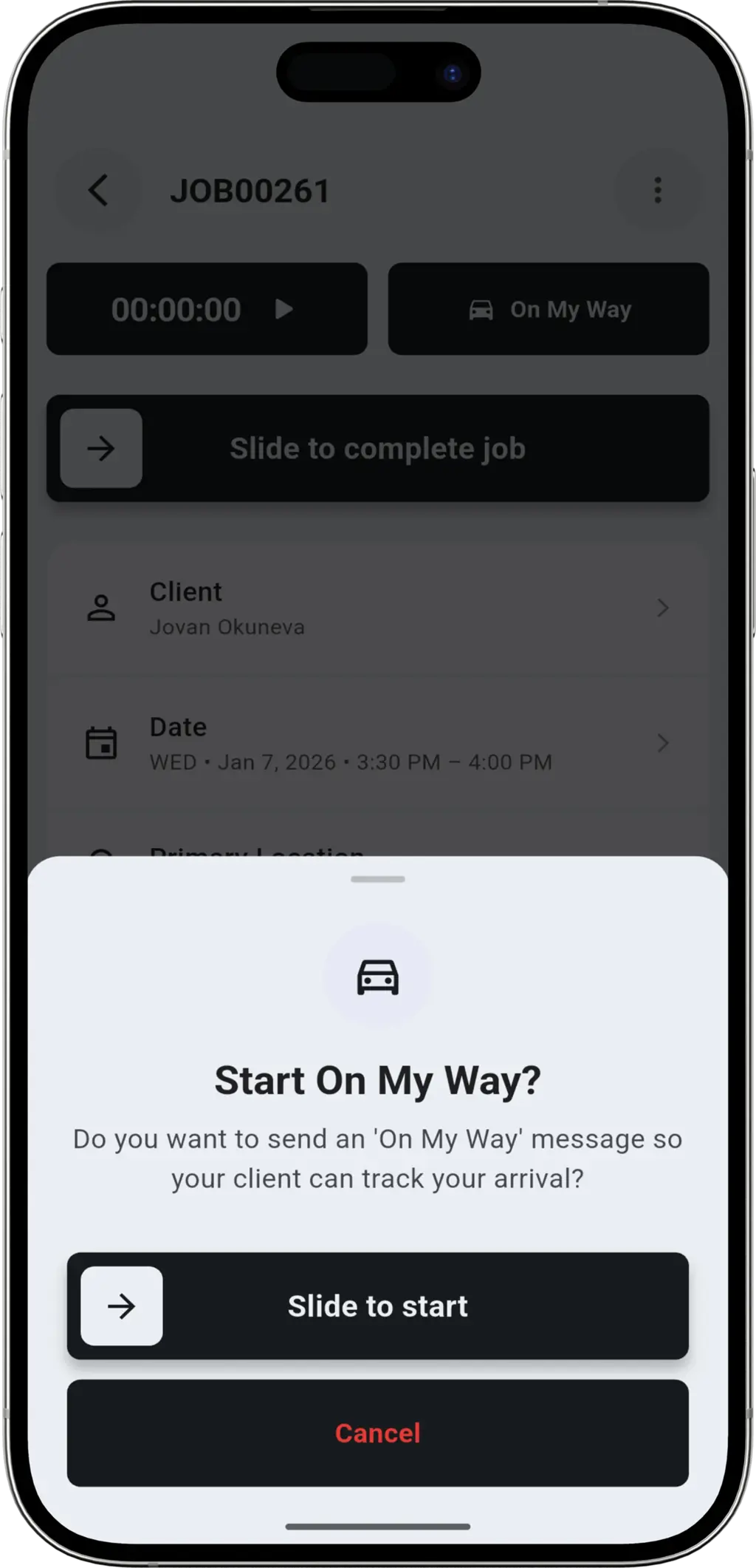 Slide to Start step - Sliding to activate on my way status