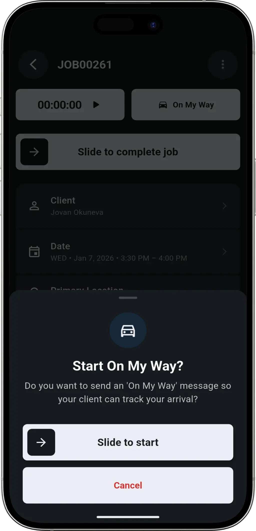 Slide to Start step - Sliding to activate on my way status