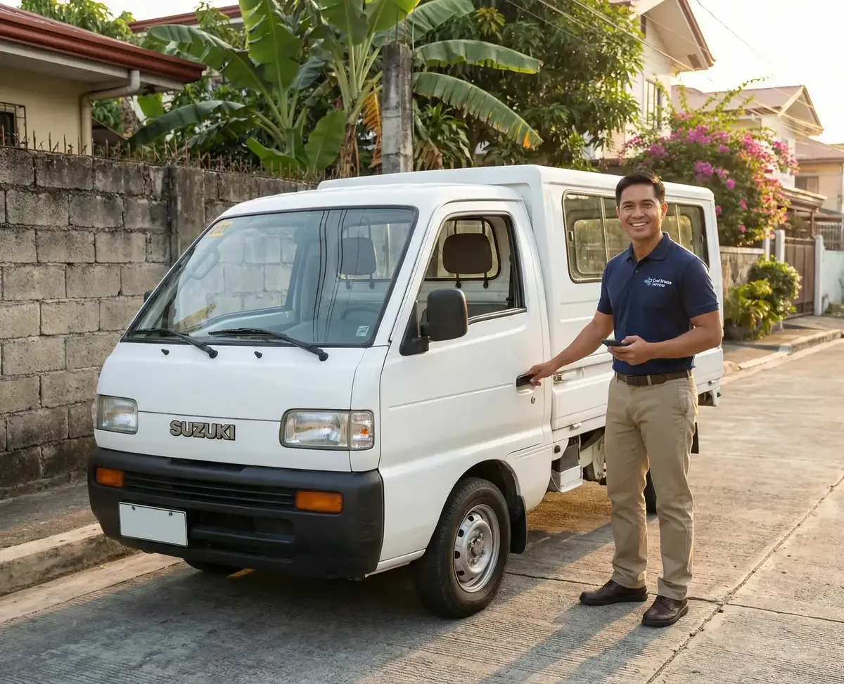 Man setting his phone to the phone holder in his work van, preparing to drive to the next job.