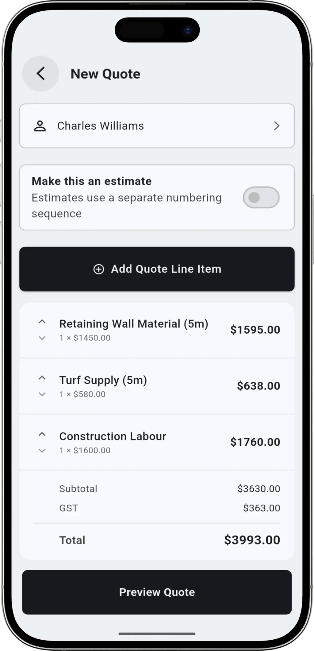 Built On Site step - Creating a detailed quote line items on mobile