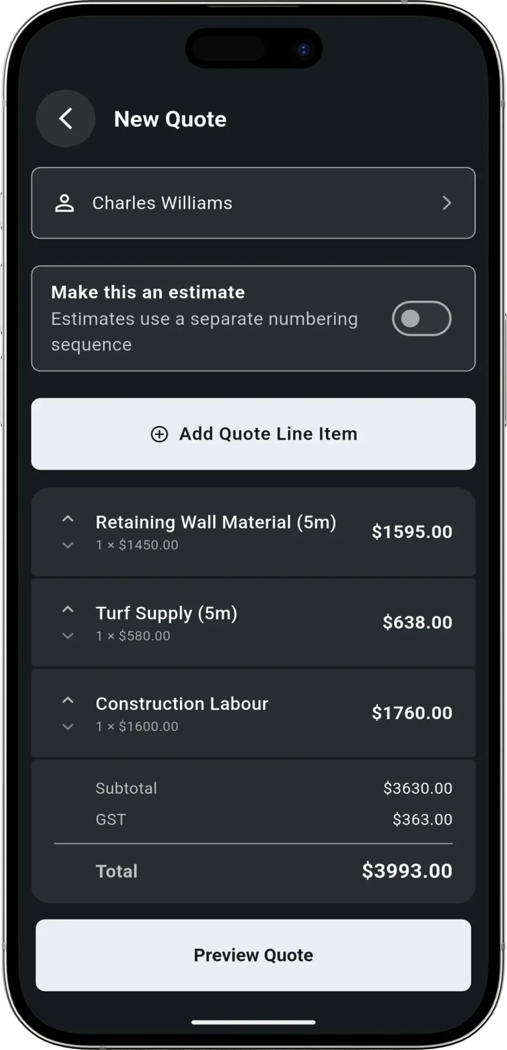 Built On Site step - Creating a detailed quote line items on mobile