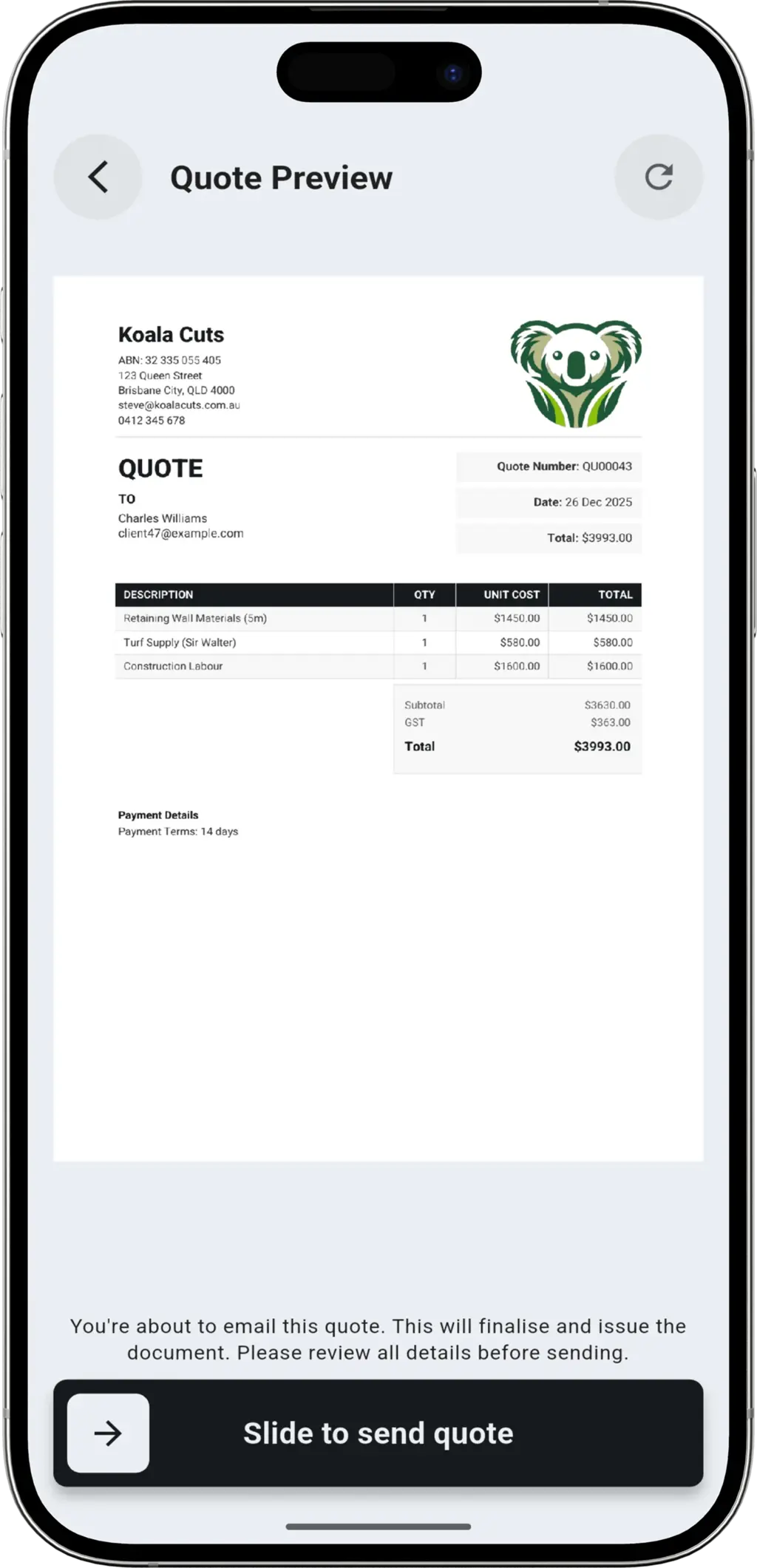 Sent in Seconds step - Sending quote to client via app