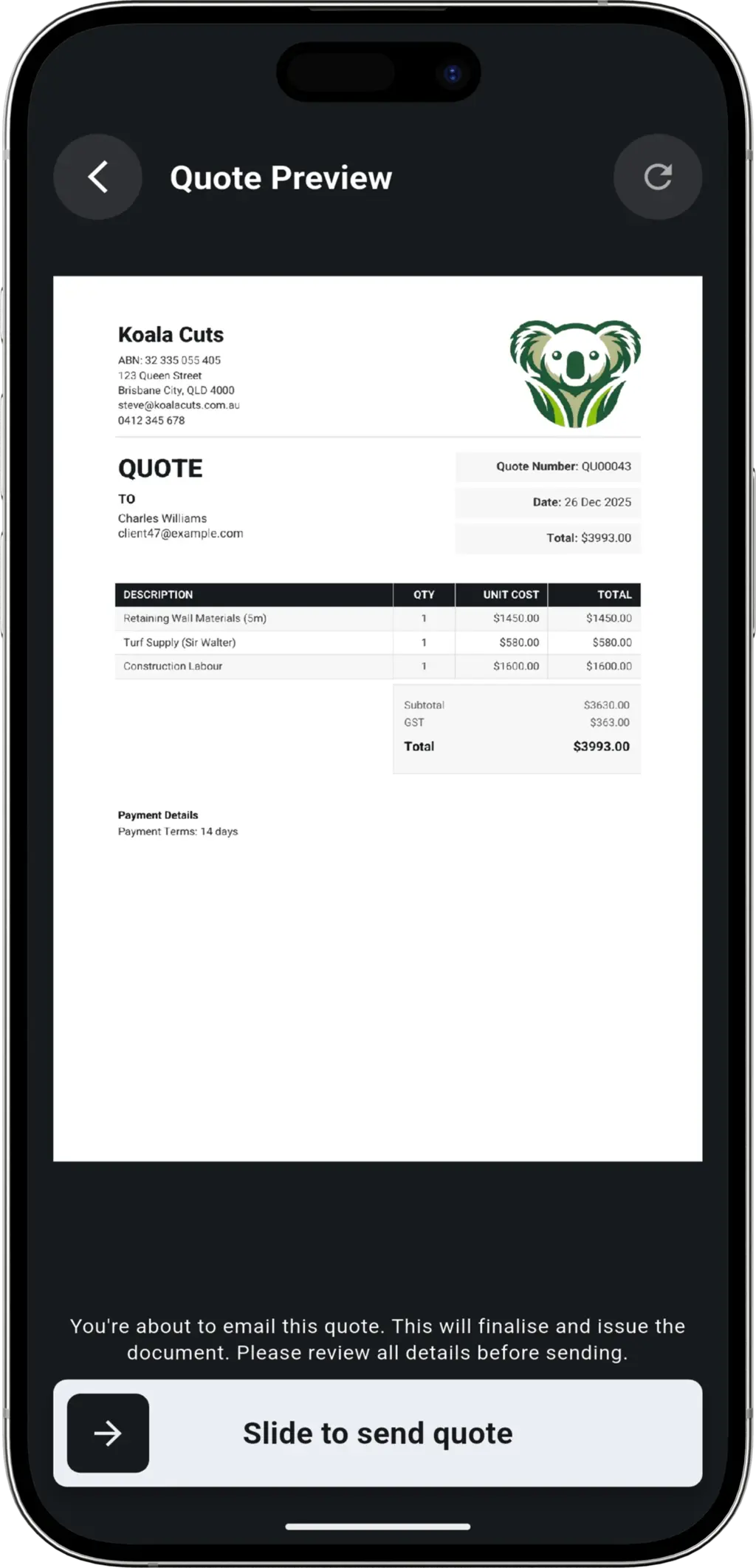 Sent in Seconds step - Sending quote to client via app