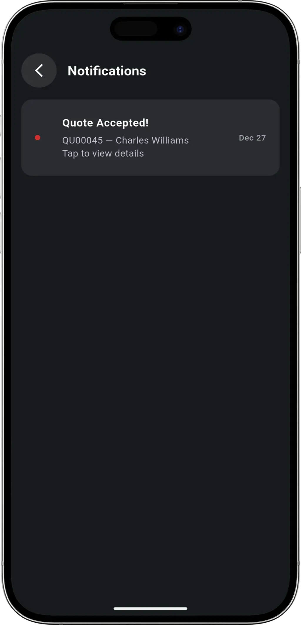 Job Won step - Notification of accepted quote and job creation