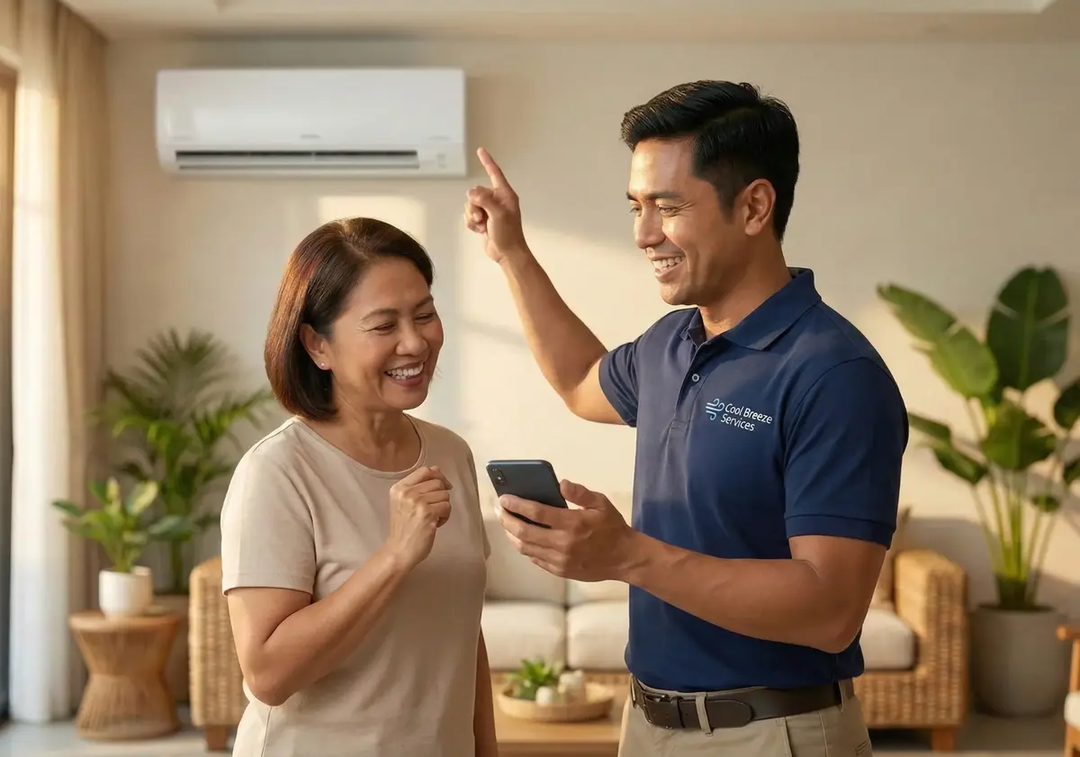 A carpenter standing next to a female client holding his phone in the family kitchen. He is pointing at the old kitchen cupboard and he is running through the quote with the client as he adds it to the quote in the TREVY app - he will send it when he heads to the next job