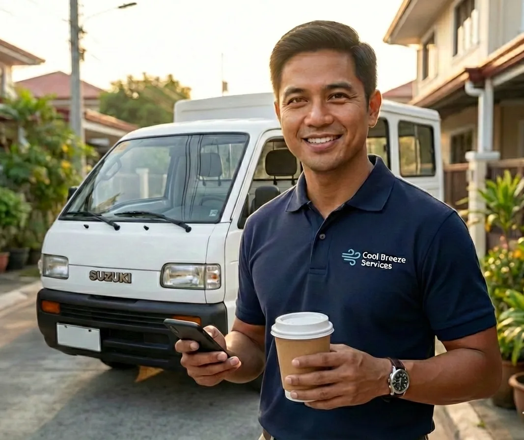 Man standing in the early morning with a coffee in front of his work van, ready to get started on a day filled with recurring jobs.