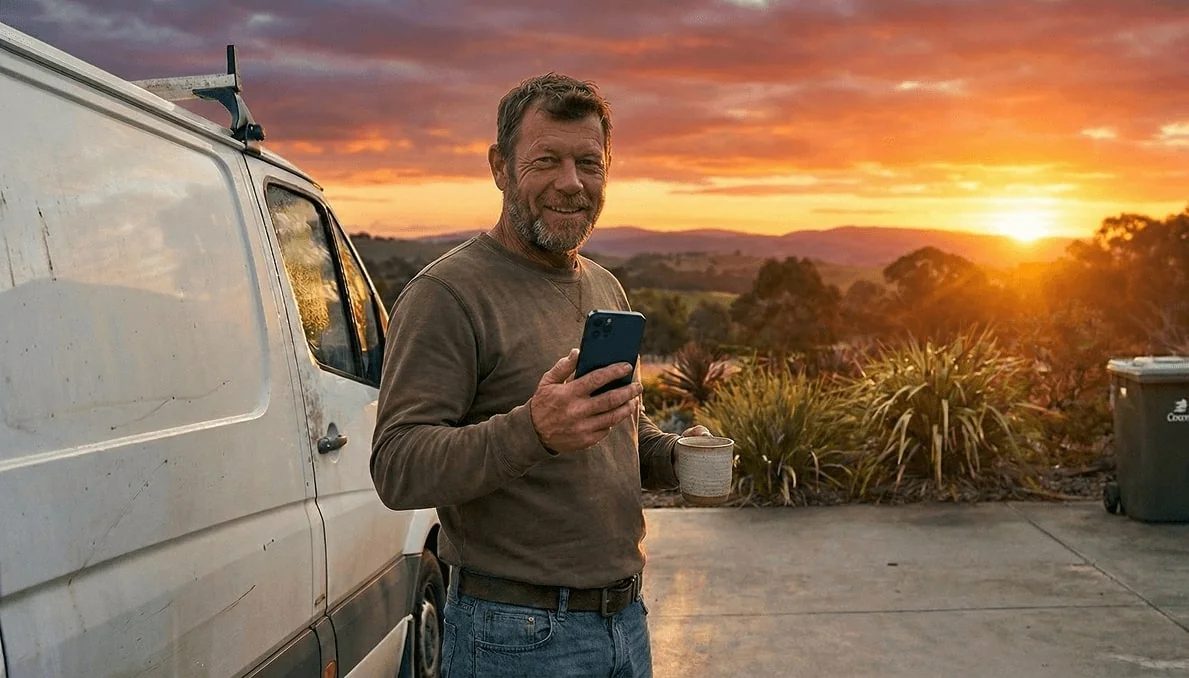 Man standing in the early morning with a coffee in front of his work van, ready to get started on a day filled with recurring jobs.